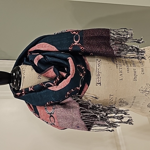 Pashmina And Silk Fringed Teal And Red Printed Scarf/Wrap - OS - Picture 2 of 6